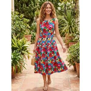 Boden Vibrant Cotton Sleeveless Pleat Midi Dress 4P Floral Red Fit & Flare EUC